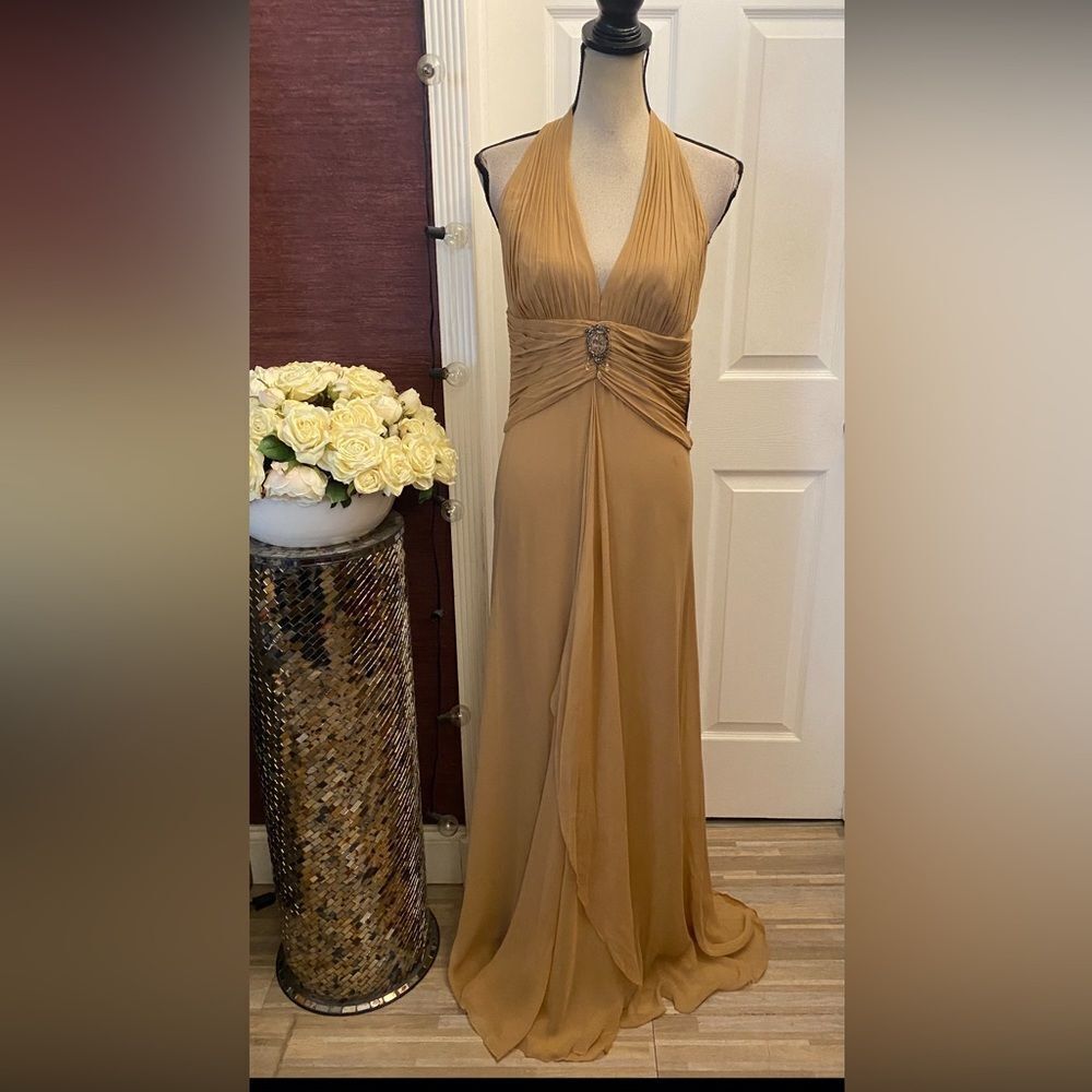 Badgley Mischka 100% silk ElegantHalter Evening embellished Gown, US10